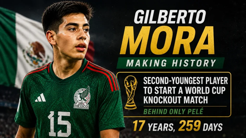 Gilberto Mora record graphic showing him as the second-youngest player to start a World Cup knockout match behind Pele