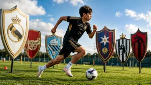 Gilberto Mora-inspired teenage footballer sprinting past symbolic giant club emblems during a transfer-themed training session