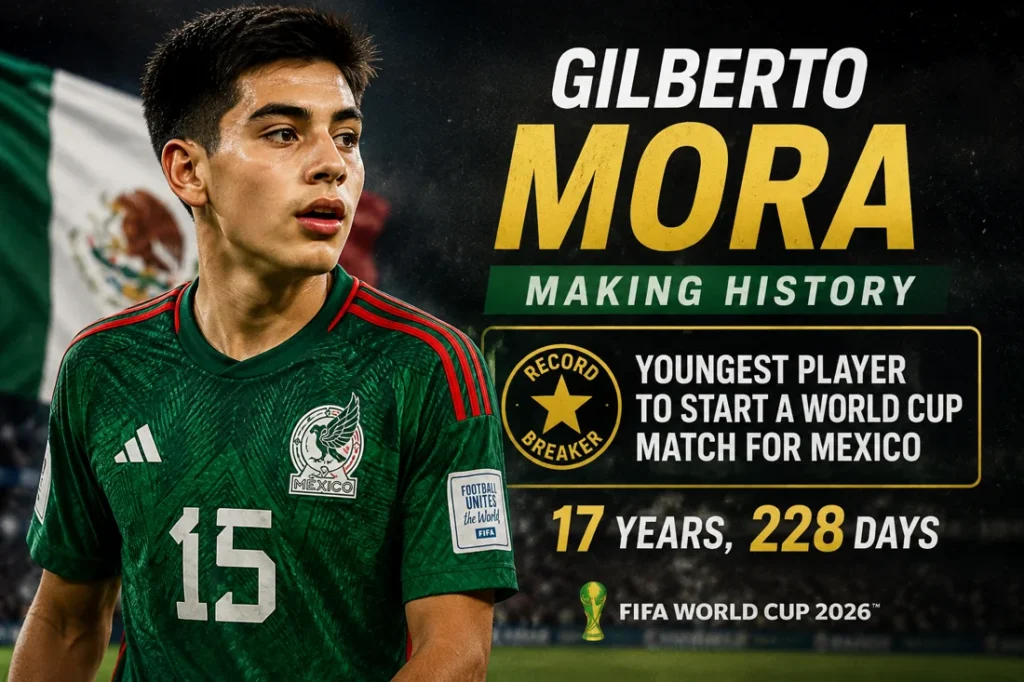 Gilberto Mora record graphic showing Mexico teenager as youngest player to start a World Cup match for Mexico