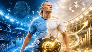Erling Haaland styled between Manchester blue and Real Madrid white and gold as a world-record transfer fee glows in a dramatic stadium scene