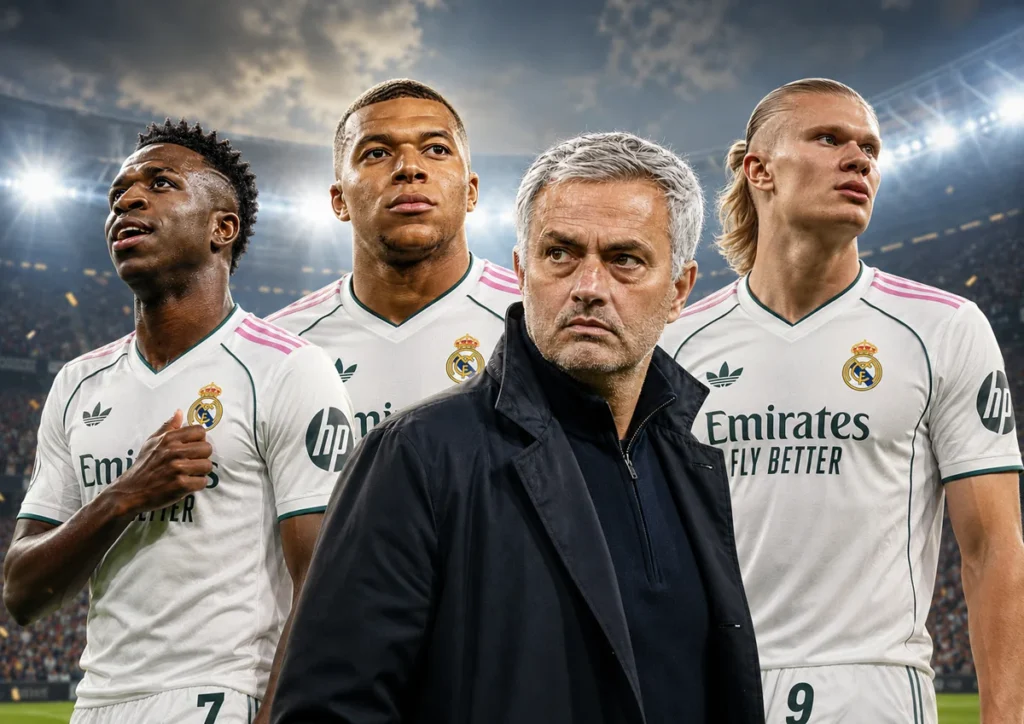 José Mourinho with Kylian Mbappé, Vinícius Júnior and Erling Haaland in Real Madrid kits
