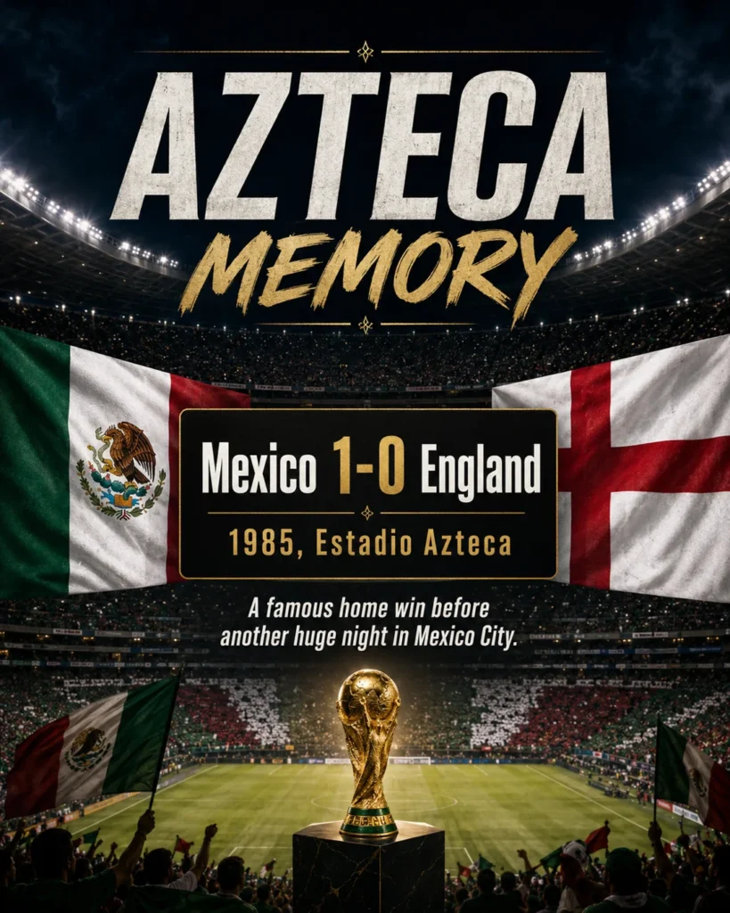 Mexico 1-0 England 1985 Estadio Azteca graphic showing the famous Mexico home win, national flags and World Cup trophy inside a dramatic Azteca-style stadium.