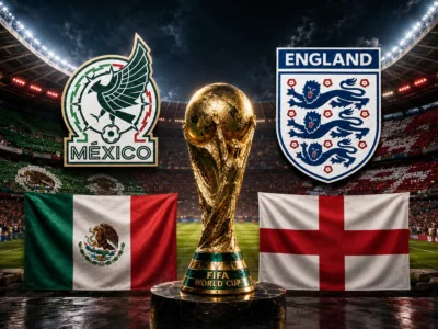 Mexico vs England World Cup 2026 Round of 16 preview graphic with Mexican and English flags, national crests, World Cup trophy and Azteca-style stadium background.