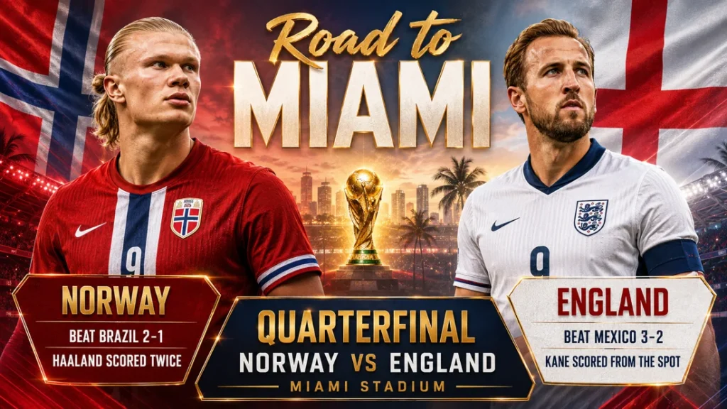 Erling Haaland and Harry Kane in a Road to Miami graphic showing Norway beating Brazil 2-1 and England beating Mexico 3-2 before the World Cup 2026 quarterfinal in Miami.
