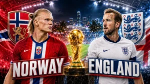 Erling Haaland and Harry Kane face each other with Norway and England flags, national crests and a golden World Cup trophy for the World Cup 2026 quarterfinal.
