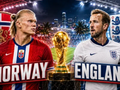 Erling Haaland and Harry Kane face each other with Norway and England flags, national crests and a golden World Cup trophy for the World Cup 2026 quarterfinal.