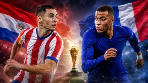 Paraguay vs France World Cup 2026 Round of 16 preview graphic featuring Miguel Almirón and Kylian Mbappé with Paraguayan and French flags in a dramatic knockout match design.