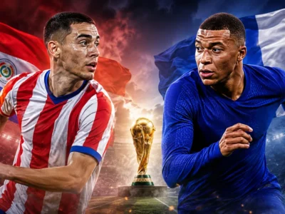 Paraguay vs France World Cup 2026 Round of 16 preview graphic featuring Miguel Almirón and Kylian Mbappé with Paraguayan and French flags in a dramatic knockout match design.