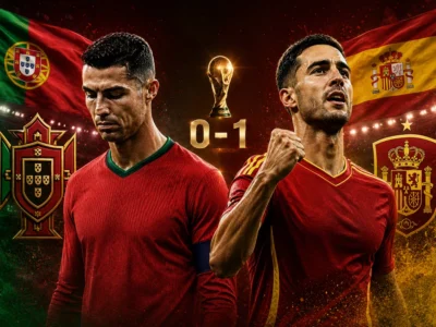 Cristiano Ronaldo looks dejected beside Portugal colors as Mikel Merino celebrates Spain’s 1-0 World Cup 2026 win over Portugal.
