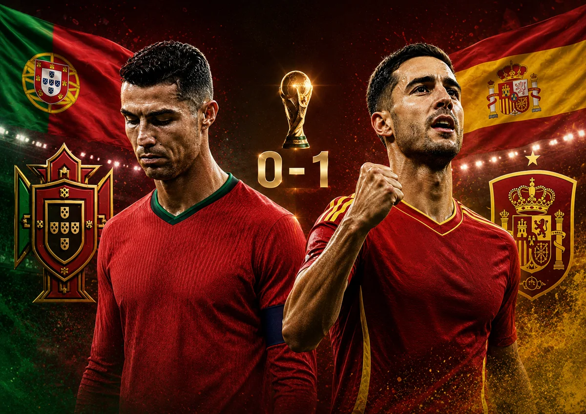 Cristiano Ronaldo looks dejected beside Portugal colors as Mikel Merino celebrates Spain’s 1-0 World Cup 2026 win over Portugal.