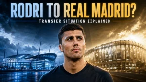 Rodri-inspired midfielder between Manchester and Madrid stadiums in a featured image for Rodri to Real Madrid transfer situation explained