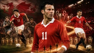 Ryan Giggs-inspired Manchester United legend wearing number 11, with career trophies and scenes from his years as a winger and midfielder