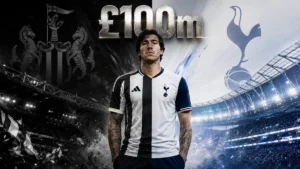 Sandro Tonali Tottenham transfer illustration with Newcastle and Spurs split background and £100m fee