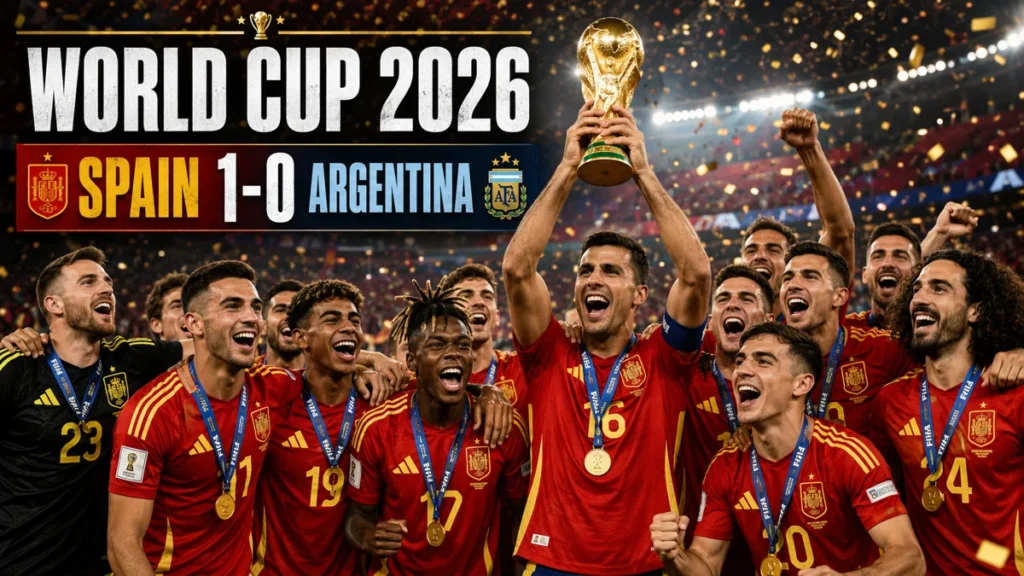Spain players celebrate with the FIFA World Cup trophy after beating Argentina 1-0 in the 2026 final