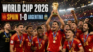 Spain players celebrate with the FIFA World Cup trophy after beating Argentina 1-0 in the 2026 final