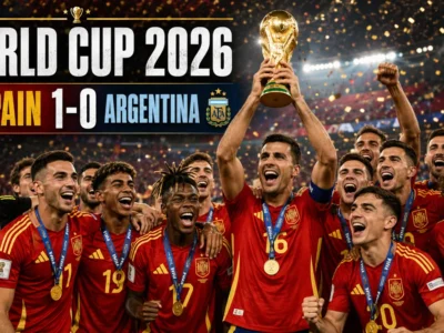 Spain players celebrate with the FIFA World Cup trophy after beating Argentina 1-0 in the 2026 final
