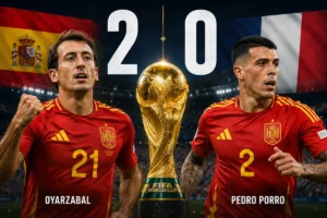 Mikel Oyarzabal and Pedro Porro celebrate Spain's 2-0 win over France in the 2026 World Cup semifinal
