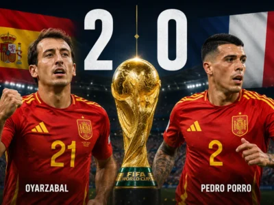Mikel Oyarzabal and Pedro Porro celebrate Spain's 2-0 win over France in the 2026 World Cup semifinal