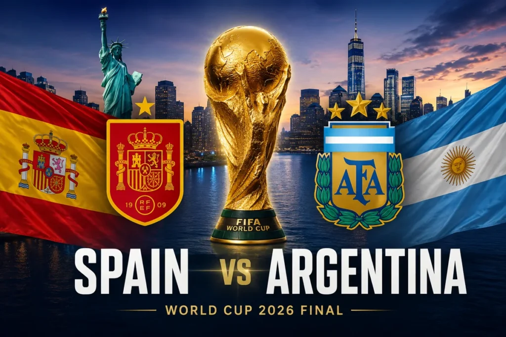 Spain vs Argentina World Cup 2026 final featured image showing both national flags, team crests, the FIFA World Cup trophy and the New York skyline in the background.