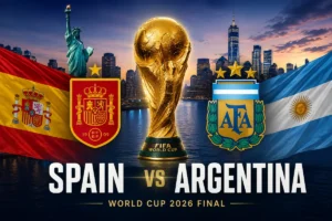 Spain vs Argentina World Cup 2026 final featured image showing both national flags, team crests, the FIFA World Cup trophy and the New York skyline in the background.