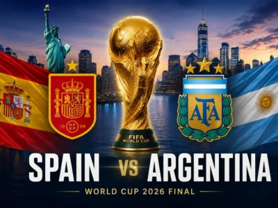 Spain vs Argentina World Cup 2026 final featured image showing both national flags, team crests, the FIFA World Cup trophy and the New York skyline in the background.