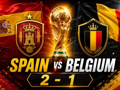 Spain vs Belgium 2-1 World Cup quarterfinal graphic with both national flags, team-style crests and the trophy between them