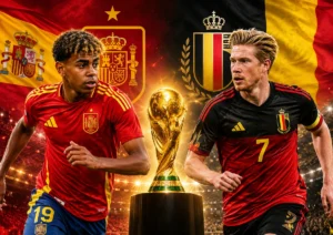 Lamine Yamal and Kevin De Bruyne face each other in Spain and Belgium colors with national flags, crests and a golden World Cup trophy between them for the World Cup 2026 quarterfinal.