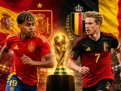 Lamine Yamal and Kevin De Bruyne face each other in Spain and Belgium colors with national flags, crests and a golden World Cup trophy between them for the World Cup 2026 quarterfinal.