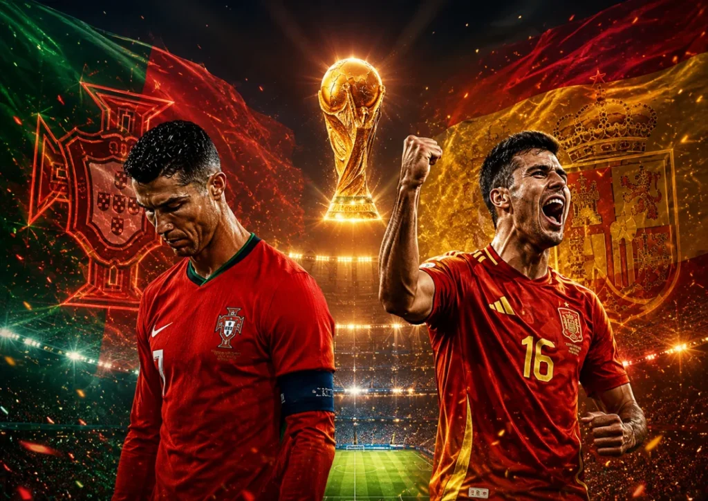 Spain vs Portugal World Cup 2026 image showing a disappointed Portugal player and a celebrating Spain player under the trophy lights.