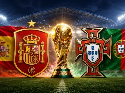 Spain vs Portugal World Cup 2026 Round of 16 preview graphic with Spanish and Portuguese flags, national crests and the World Cup trophy inside a dramatic Dallas stadium setting.