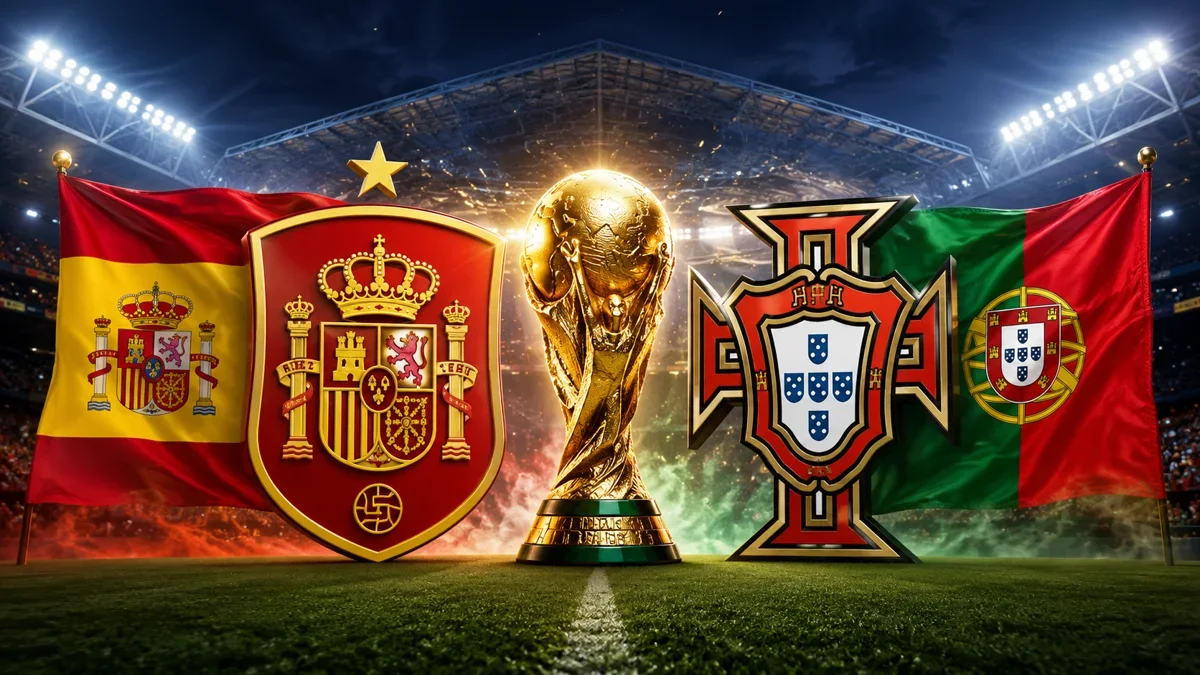 Spain vs Portugal World Cup 2026 Round of 16 preview graphic with Spanish and Portuguese flags, national crests and the World Cup trophy inside a dramatic Dallas stadium setting.