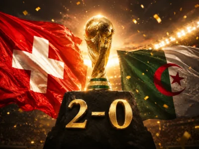 Switzerland and Algeria flags beside a golden World Cup-style trophy with 2-0 score after Switzerland’s historic World Cup 2026 knockout win.
