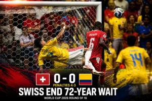Switzerland vs Colombia World Cup 2026 Round of 16 action scene with Switzerland winning 4-3 on penalties after a 0-0 draw