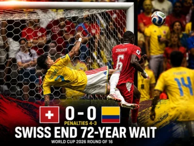 Switzerland vs Colombia World Cup 2026 Round of 16 action scene with Switzerland winning 4-3 on penalties after a 0-0 draw