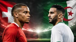 Switzerland vs Algeria World Cup 2026 Round of 32 preview graphic featuring Manuel Akanji and Riyad Mahrez with Swiss and Algerian flags in a dramatic knockout match design.