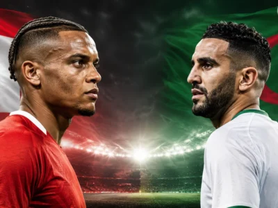 Switzerland vs Algeria World Cup 2026 Round of 32 preview graphic featuring Manuel Akanji and Riyad Mahrez with Swiss and Algerian flags in a dramatic knockout match design.