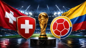 Switzerland vs Colombia World Cup 2026 Round of 16 preview graphic with Swiss and Colombian flags, national crests and the World Cup trophy inside a dramatic Vancouver stadium setting.