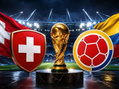 Switzerland vs Colombia World Cup 2026 Round of 16 preview graphic with Swiss and Colombian flags, national crests and the World Cup trophy inside a dramatic Vancouver stadium setting.