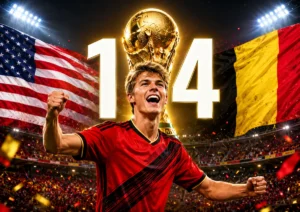 Charles De Ketelaere celebrates in front of USA and Belgium flags with a 1-4 score and World Cup trophy after Belgium beat the United States at World Cup 2026.