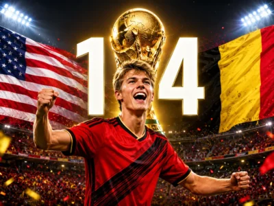 Charles De Ketelaere celebrates in front of USA and Belgium flags with a 1-4 score and World Cup trophy after Belgium beat the United States at World Cup 2026.