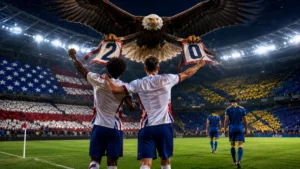 USA players celebrate as an American eagle carries the 2-0 score after World Cup victory over Bosnia and Herzegovina