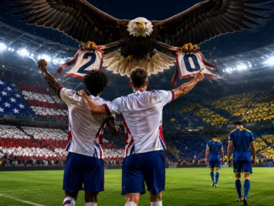 USA players celebrate as an American eagle carries the 2-0 score after World Cup victory over Bosnia and Herzegovina