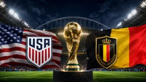 USA vs Belgium World Cup 2026 Round of 16 preview graphic with American and Belgian flags, national crests and the World Cup trophy inside a dramatic Seattle stadium setting.