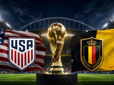USA vs Belgium World Cup 2026 Round of 16 preview graphic with American and Belgian flags, national crests and the World Cup trophy inside a dramatic Seattle stadium setting.