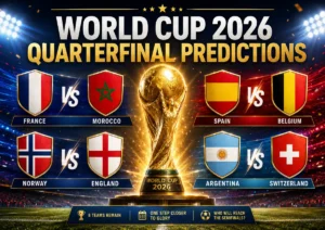 World Cup 2026 quarterfinal predictions graphic showing France vs Morocco, Spain vs Belgium, Norway vs England and Argentina vs Switzerland around a golden World Cup trophy.