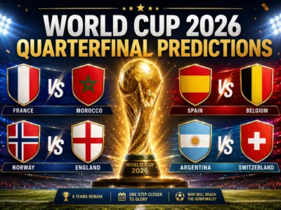 World Cup 2026 quarterfinal predictions graphic showing France vs Morocco, Spain vs Belgium, Norway vs England and Argentina vs Switzerland around a golden World Cup trophy.