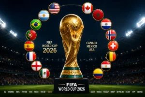 World Cup 2026 Round of 16 preview graphic with 16 national flags arranged around the FIFA World Cup trophy inside a dramatic stadium setting.