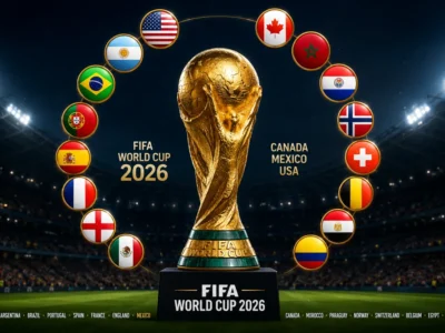 World Cup 2026 Round of 16 preview graphic with 16 national flags arranged around the FIFA World Cup trophy inside a dramatic stadium setting.