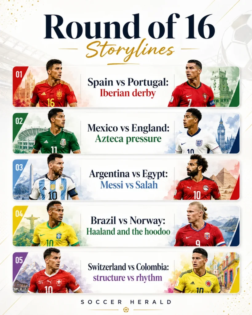 World Cup 2026 Round of 16 storylines graphic highlighting Spain vs Portugal, Mexico vs England, Argentina vs Egypt, Brazil vs Norway and Switzerland vs Colombia in a bright editorial design.