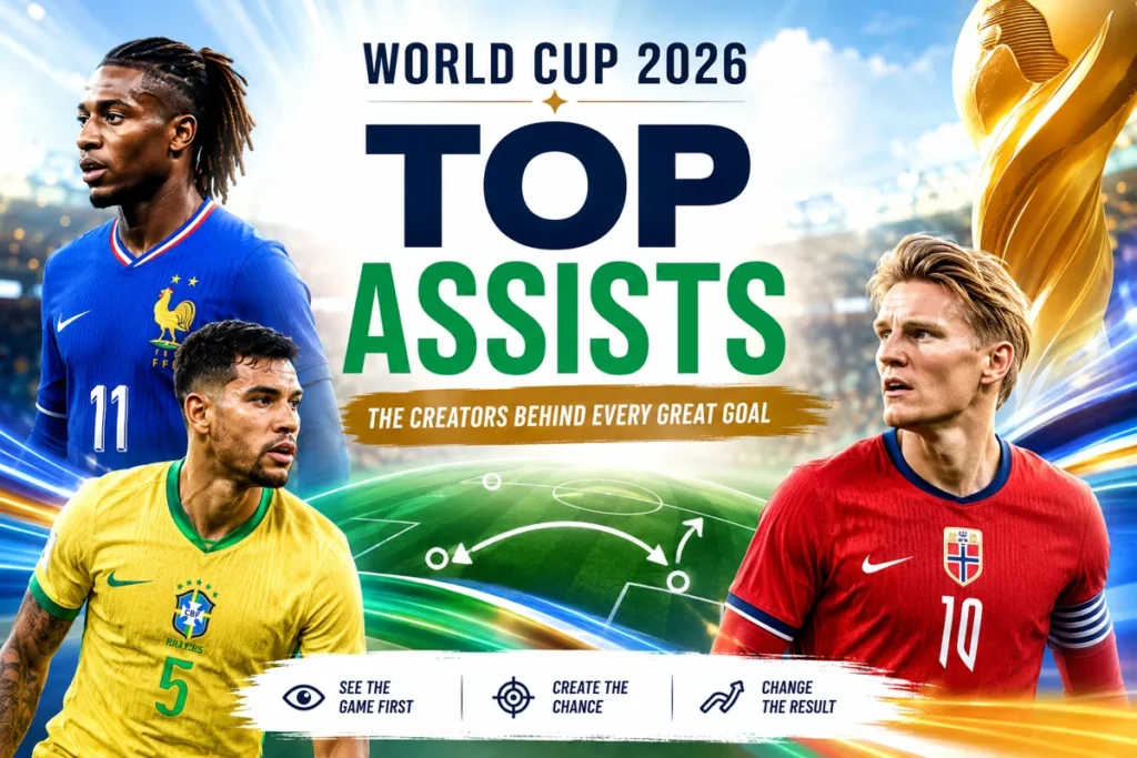 World Cup 2026 top assists featured image showing a bright stadium, tactical passing arrows, trophy symbolism and key assist creators behind the goals